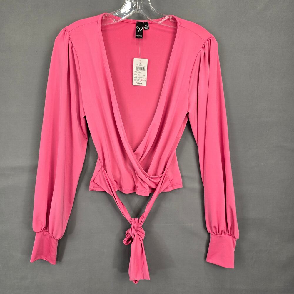Windsor Pink Shirt NEW $26 Size M Stretch Wrap V-Neck Long Sleeves Women Tie Top